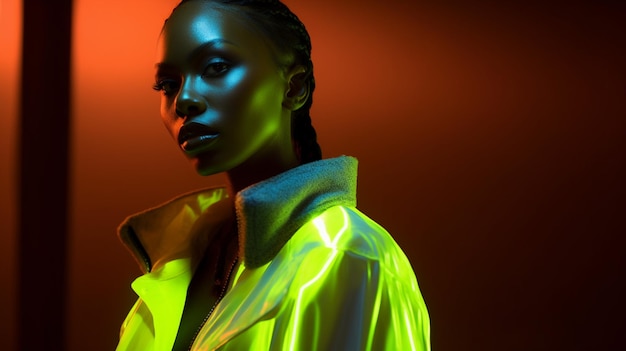 Une femme dans une veste vert néon se tient devant une lumière néon.