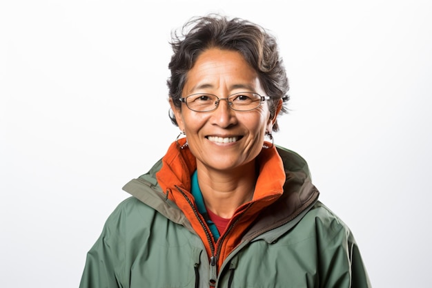 une femme dans une veste verte et des lunettes souriant