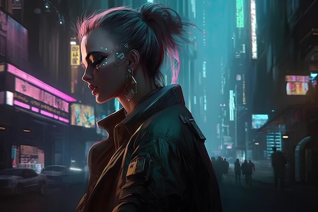 Une femme dans une ville futuriste avec une enseigne au néon qui dit cyberpunk sur le dessus.