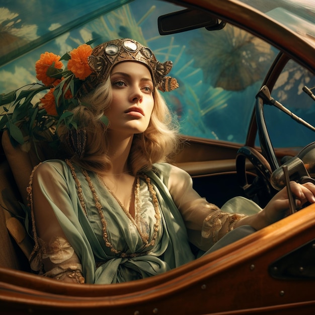 Photo une femme dans une voiture avec une couronne sur la tête et la porte du côté du conducteur ouverte.