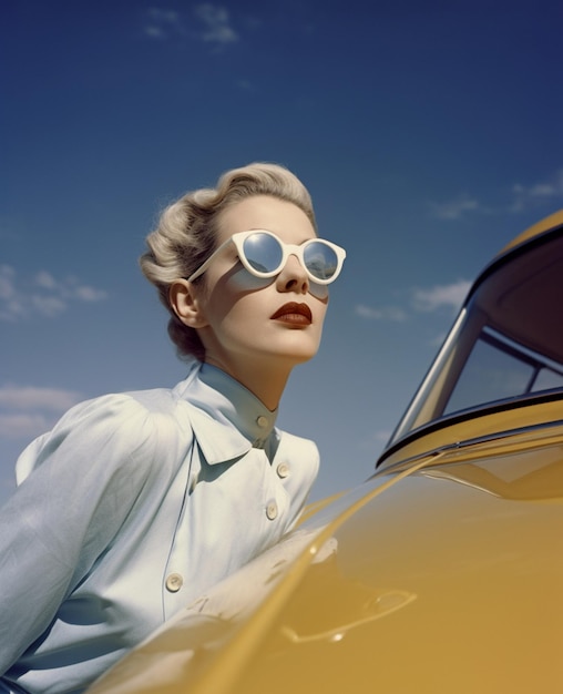 Une femme dans une voiture jaune avec des lunettes de soleil