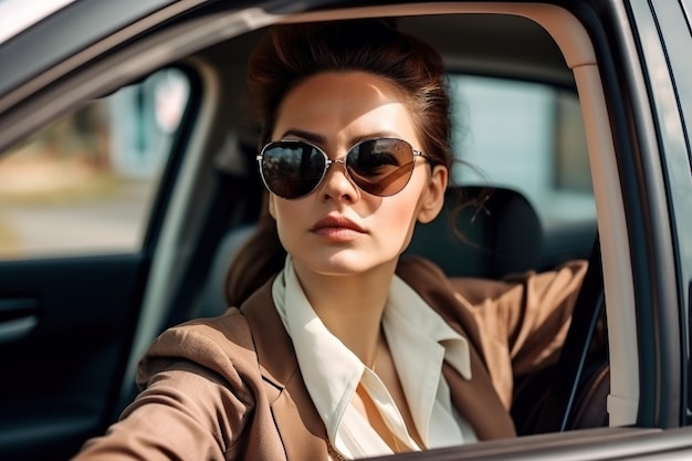 Une femme dans une voiture portant des lunettes de soleil et un blazer marron