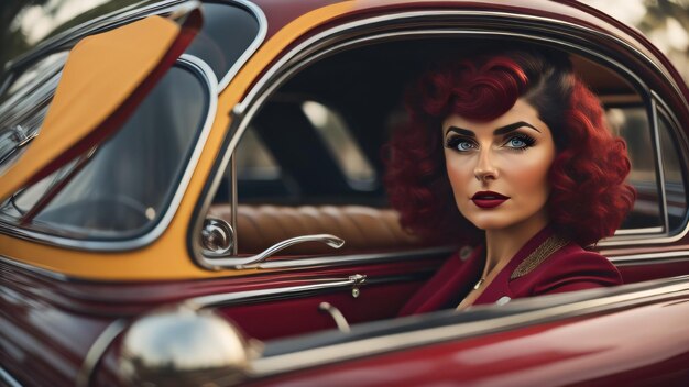Une femme dans une voiture rouge avec le mot amour sur le côté