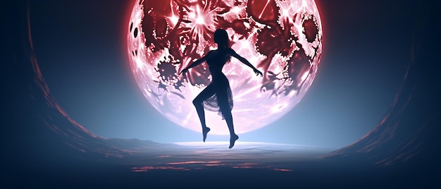 Femme dansant sur le fond d'une grande pleine lune