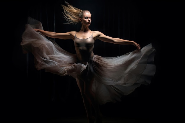 Une femme dansant avec sa robe soufflant dans le vent