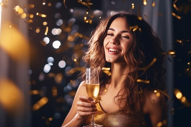 Une femme danse et boit du champagne rempli de confettis