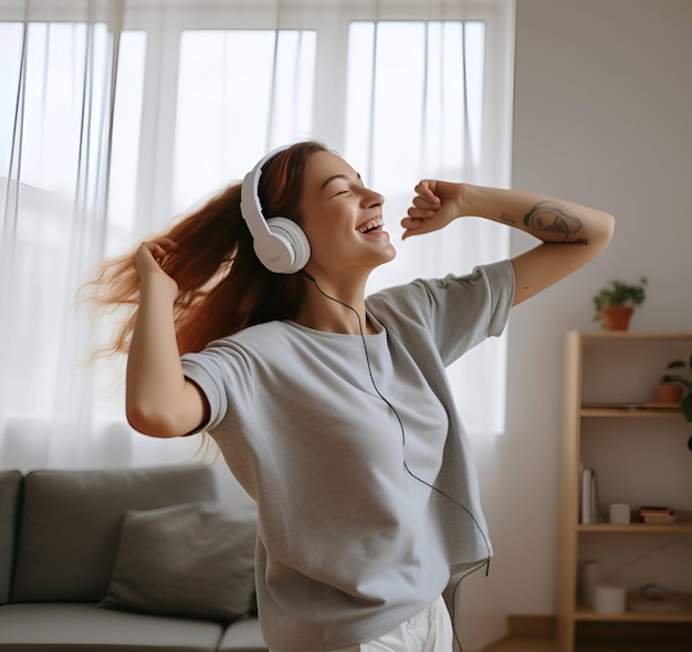 Une femme danse dans une pièce avec des écouteurs blancs et une fenêtre derrière elle