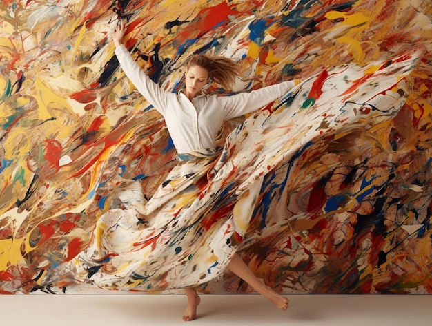 une femme danse dans une robe colorée avec le mot " dessus.