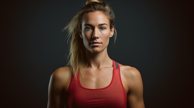 Une femme avec un débardeur rouge pose pour une photo.