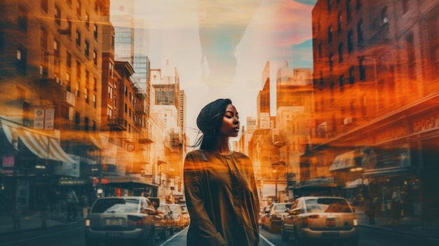 Photo une femme debout au milieu d'une rue de la ville image ai générative