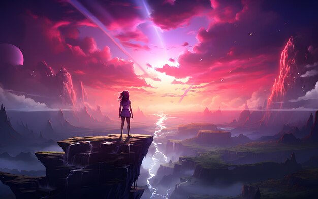 femme debout au sommet d'une montagne illustration dans le monde futuriste avec le ciel au coucher du soleil