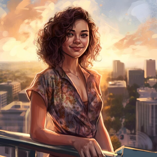 Une femme debout sur un balcon avec une ville en arrière-plan.