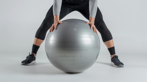 Femme debout sur une balle de gym avec les mains sur les hanches