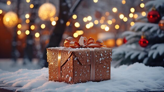 Une femme debout avec une boîte à cadeaux à côté d'un arbre de Noël dans une cour joliment décorée pendant une chute de neige portant un pull rouge et un chapeau est sur son téléphone