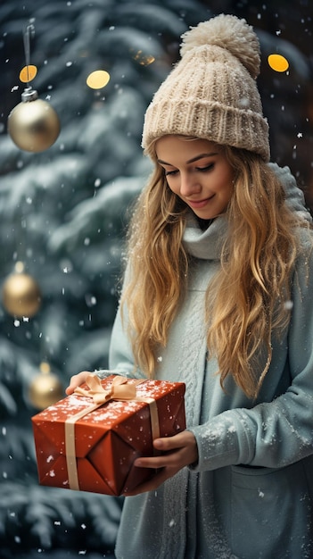 Une femme debout avec une boîte à cadeaux à côté d'un arbre de Noël dans une cour joliment décorée pendant une chute de neige portant un pull rouge et un chapeau est sur son téléphone