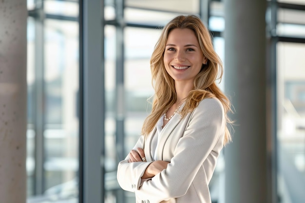 Photo une femme debout avec les bras croisés devant une femme d'affaires de la fenêtre