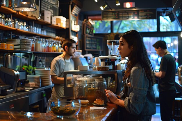 Une femme debout à un comptoir dans un café