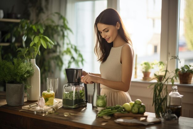 Photo une femme debout avec confiance devant un comptoir tenant un mélangeur une jeune femme préparant un smoothie sain avec un mélanger dans la cuisine générée par l'ia