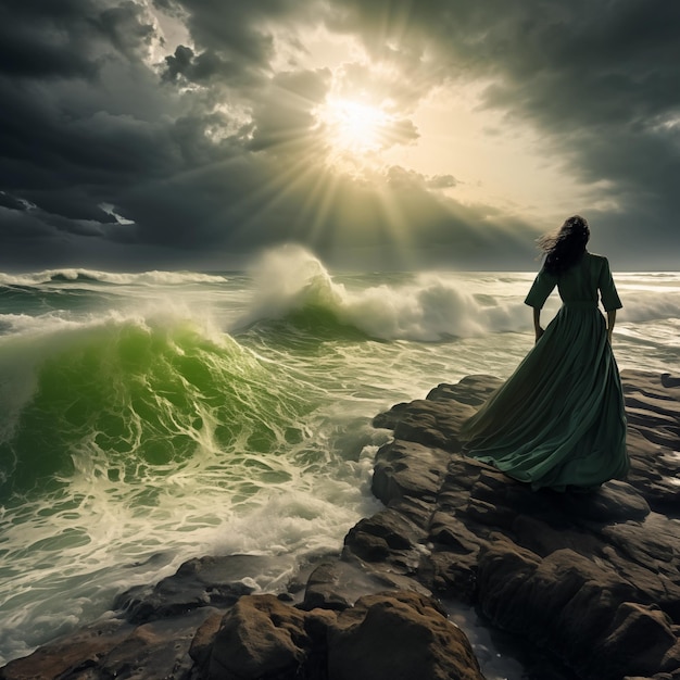 Femme debout sur la côte rocheuse de la mer avec de grosses vagues ciel de mauvaise humeur orageux paysage ai génératif