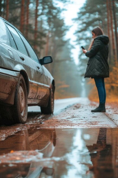 Photo une femme debout à côté d'une voiture garée sous la pluie convient pour les thèmes de la météo automobile et des voyages