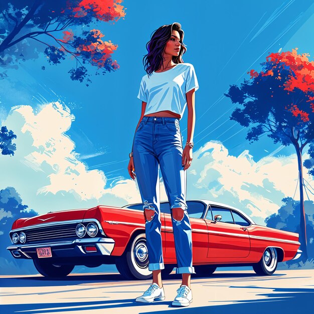 Photo une femme debout à côté d'une voiture rouge classique avec une toile de fond d'arbres et un ciel bleu