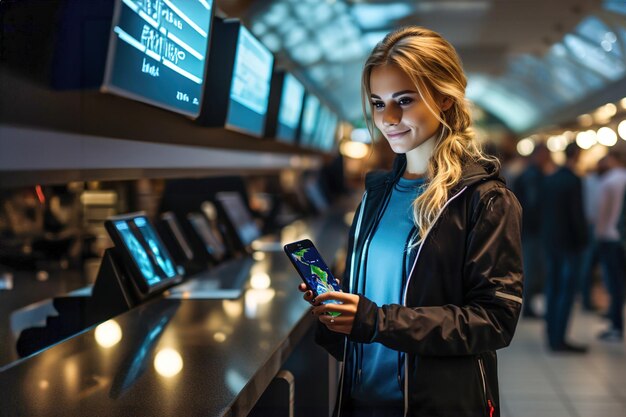 Une femme debout dans un aéroport devant des ordinateurs d'information regardant son téléphone