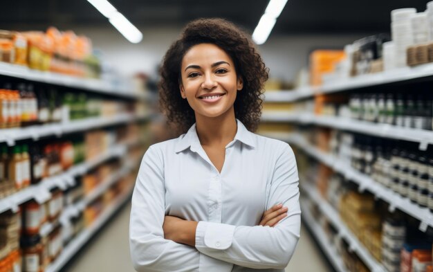 Une femme debout dans l'allée d'une épicerie