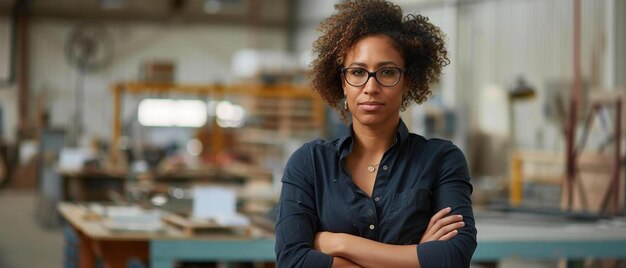 une femme debout dans un atelier avec ses bras croisés