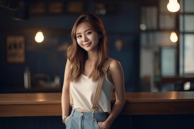 Une femme debout dans un bar portant un haut blanc et un jean bleu.