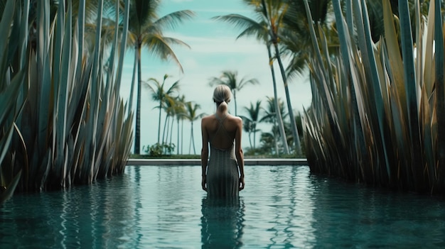 Photo une femme debout dans un bassin d'eau avec des palmiers generative ai art