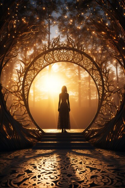 Photo une femme debout dans un cercle d'arbres avec le soleil qui brille.
