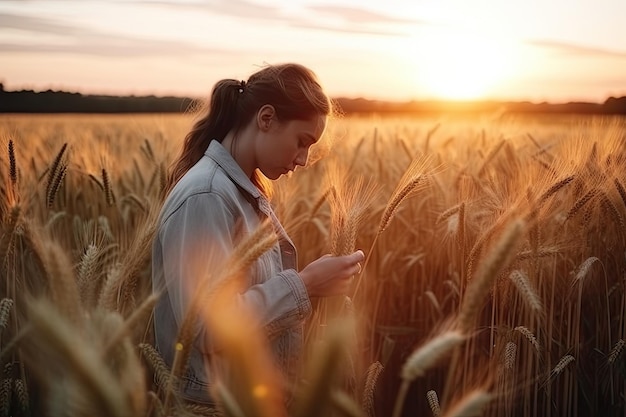 une femme debout dans un champ de blé regardant son téléphone avec le soleil qui brille à travers les nuages derrière elle