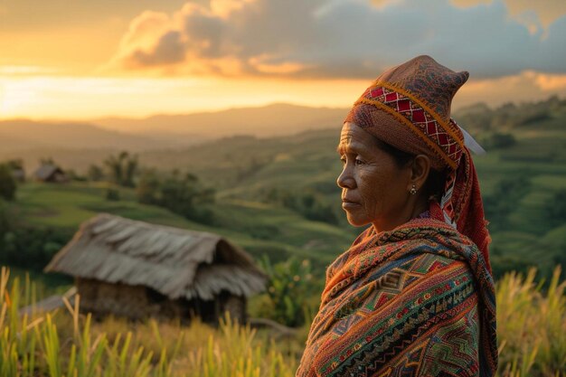 une femme debout dans un champ avec un coucher de soleil en arrière-plan