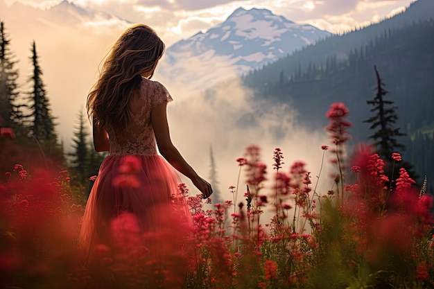 Photo une femme debout dans un champ de fleurs avec une montagne en arrière-plan