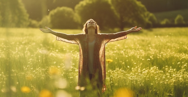 Femme debout dans un champ de fleurs avec ses bras tendus