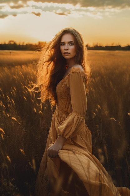 Une femme debout dans un champ d'herbes hautes Image AI générative