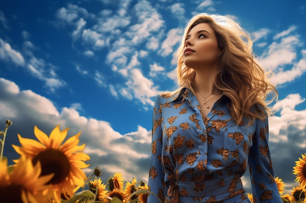 une femme debout dans un champ de tournesols gros plan paysage de printemps