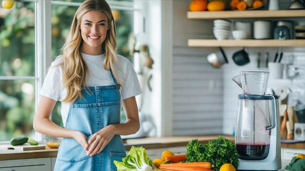 Photo une femme debout dans une cuisine avec des légumes