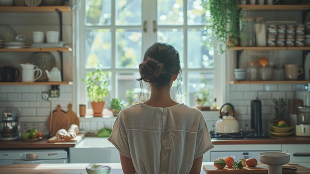 Une femme debout dans une cuisine regardant par la fenêtre