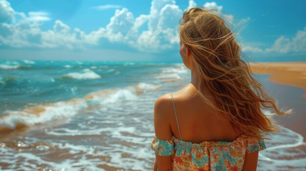 Une femme debout dans l'eau regardant l'océan