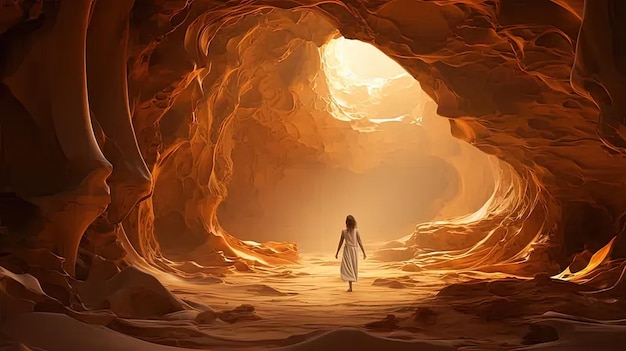 une femme debout dans une grotte regardant la lumière