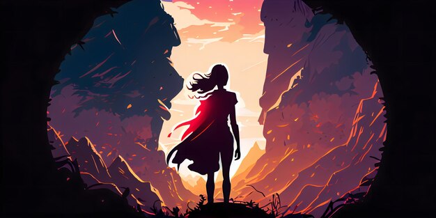 Une femme debout dans une grotte sombre avec une cape rouge sur sa cape.