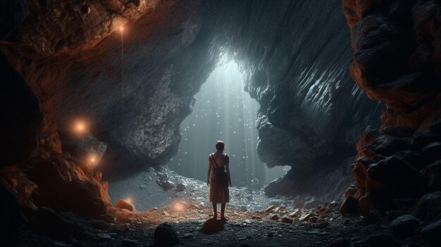 Femme debout dans une grotte sombre et regardant l'IA lightgenerative