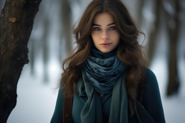 une femme debout dans la neige avec un foulard autour du cou