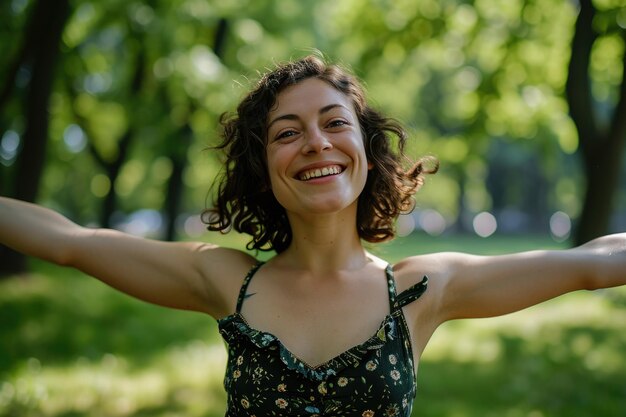 Photo femme debout dans le parc avec les bras étendus idéal pour illustrer la liberté, la joie et la nature idéal pour les magazines de style de vie, les blogs de bien-être ou les publicités en plein air