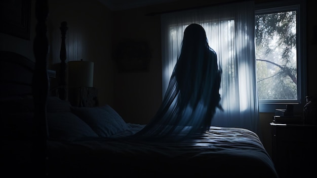 une femme debout dans une pièce sombre avec un voilage