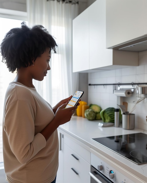 une femme debout dans sa cuisine tenant un smartphone et utilisant une application mobile pour surveiller la maison