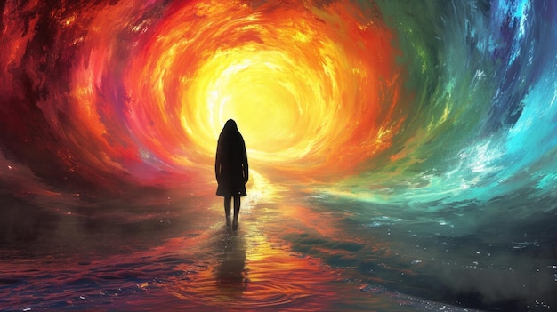 Une femme debout dans un tunnel de lumière colorée et d'eau