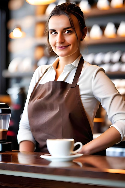 Une femme debout derrière un comptoir avec une tasse de café devant elle