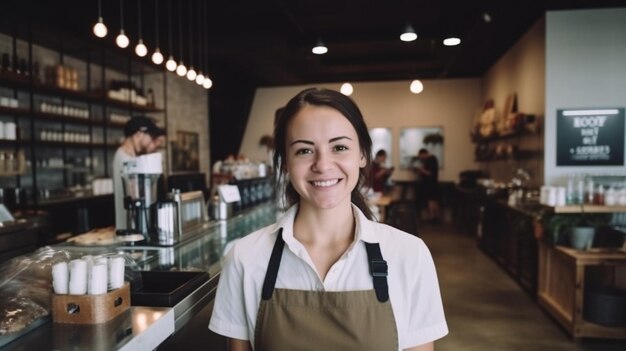 Une femme debout devant un café